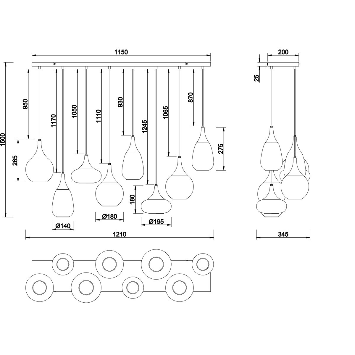 LED Suspension - Éclairage Suspendu - Trion Lidia - Douille E14 - 8-lumières - Rond - Noir Mat - Métal