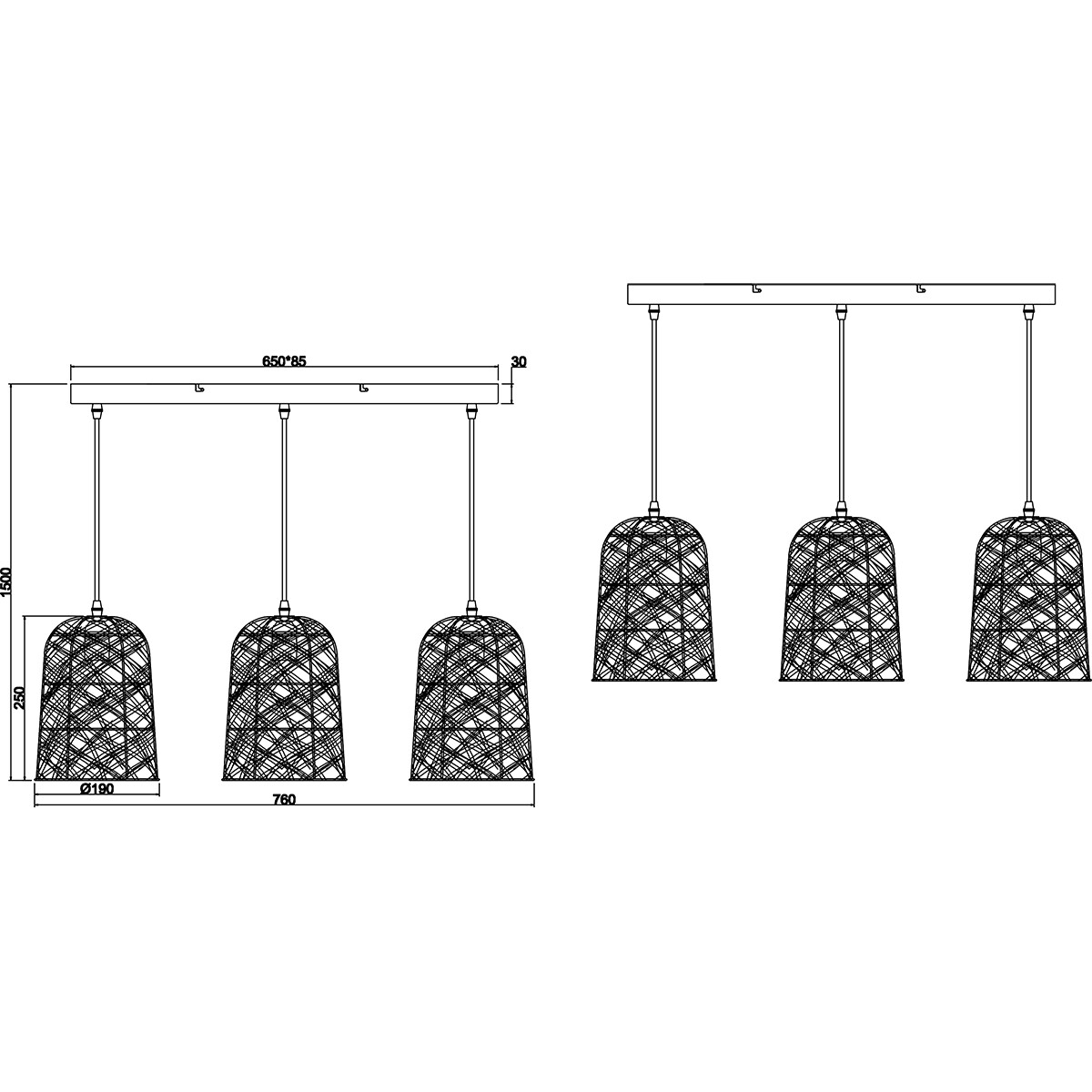 Suspension LED - Luminaire Suspendu - Trion Lopar - Douille E27 - 3-lumières - Rectangle - Brun - Bois