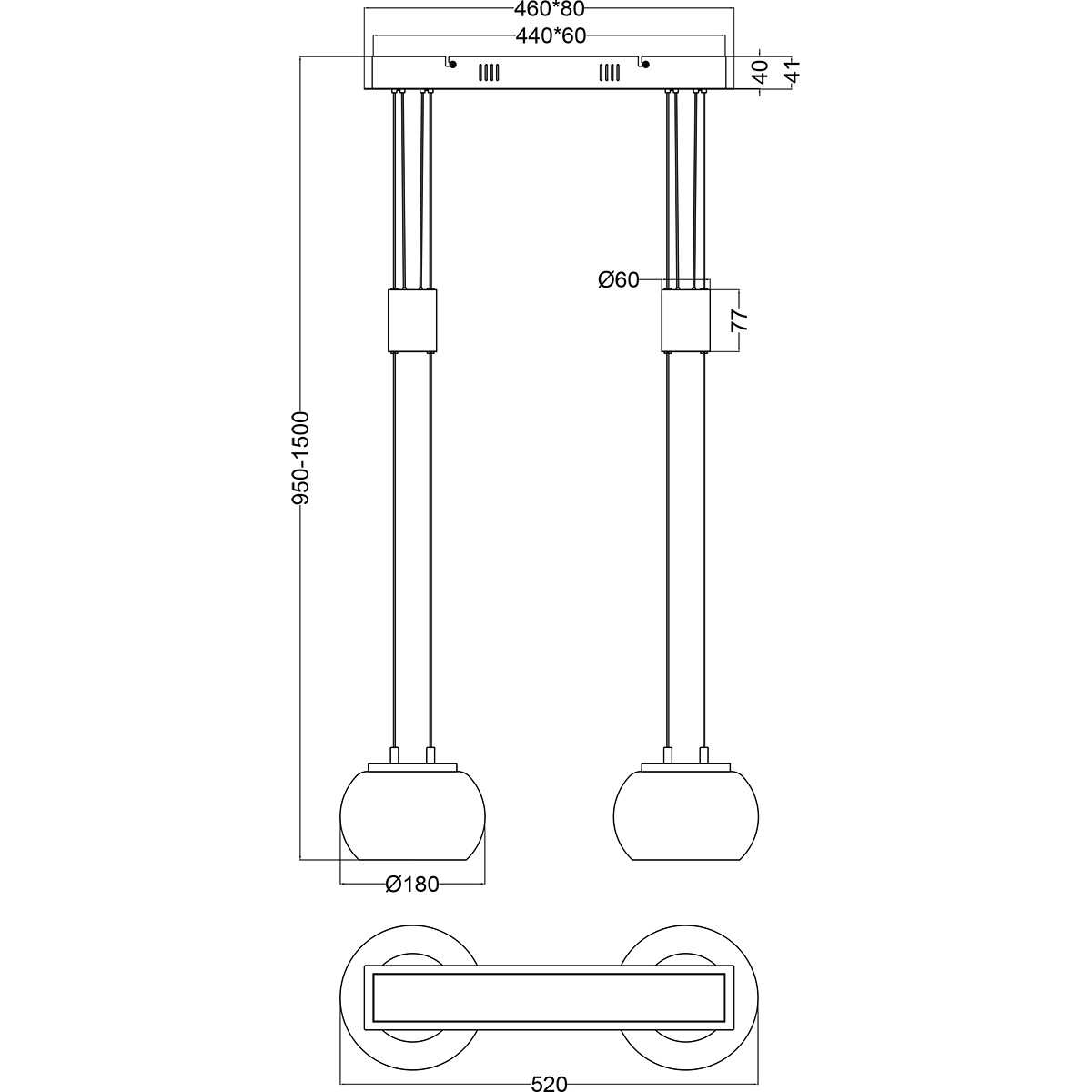 Suspension LED - Luminaire Suspendu - Trion Maliba - 16W - 2-lumières - Blanc Chaud 3000K - Dimmable - Rectangle - Mat Nickel - Aluminium