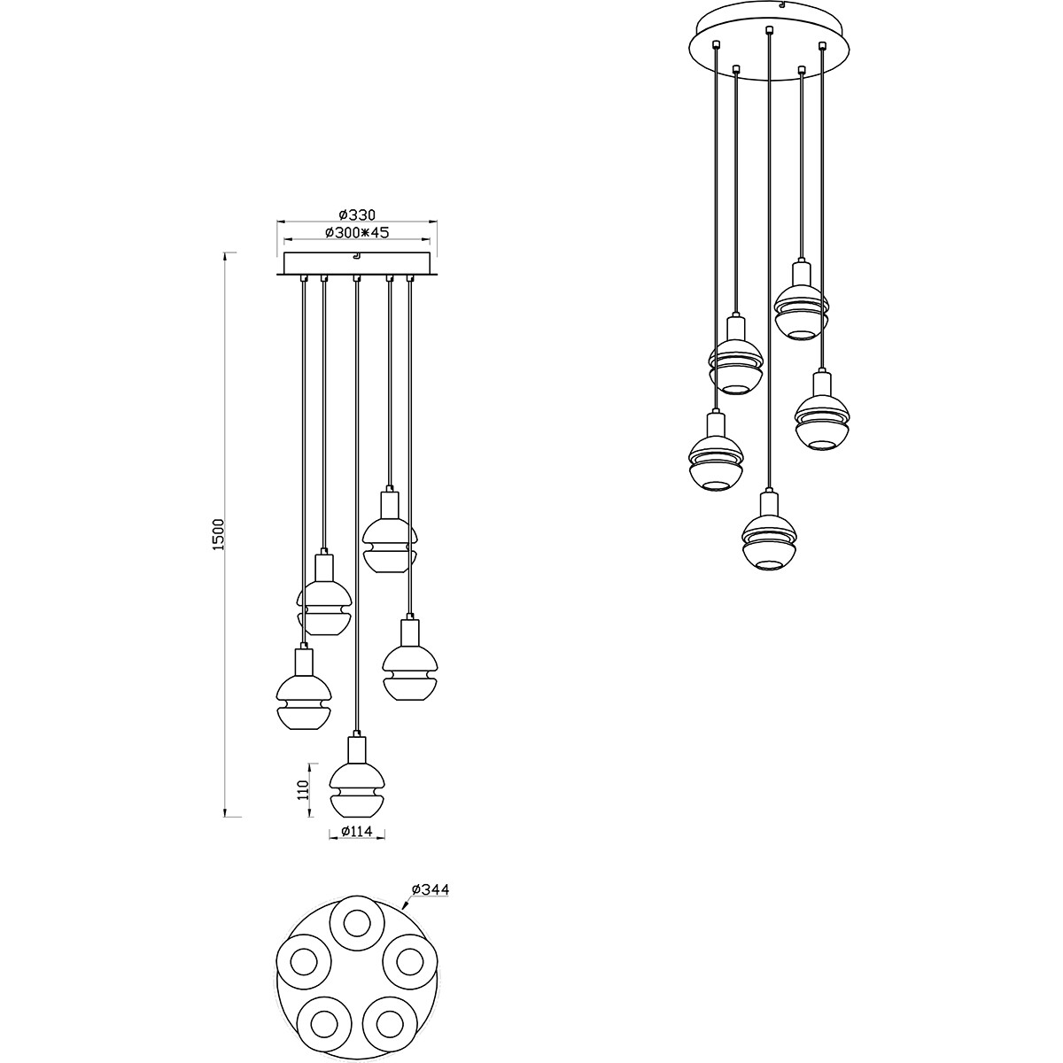 Suspension LED - Luminaire Suspendu - Trion Merda - Douille E14 - 5-lumières - Rond - Mat Noir - Aluminium