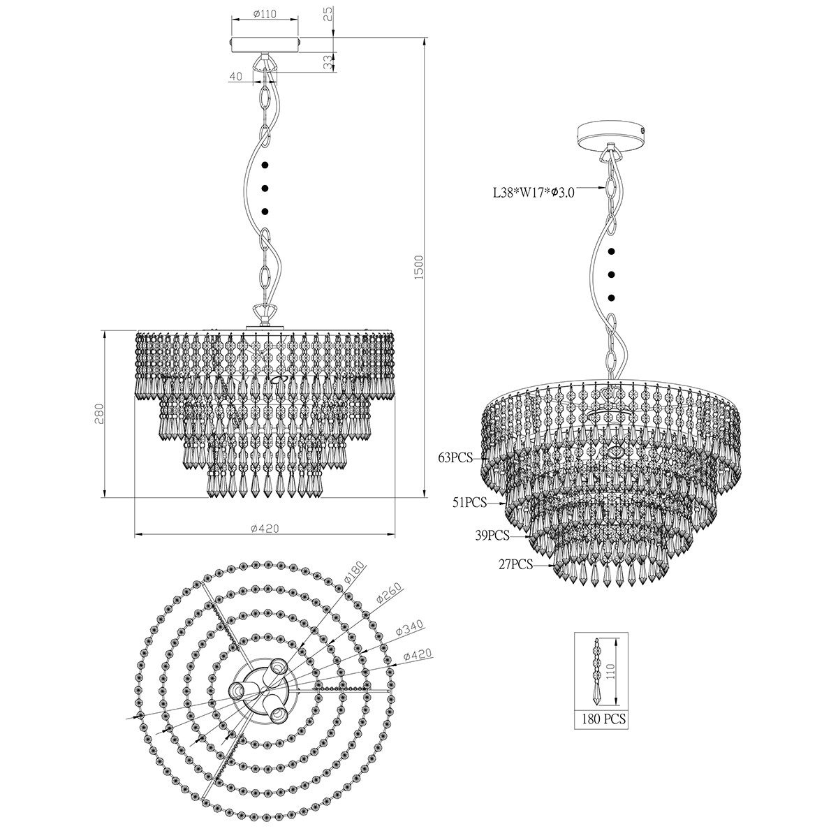 Suspension LED - Luminaire Suspendu - Trion Oranta - Douille E14 - 3-lumières - Rond - Mat Chrome - Aluminium