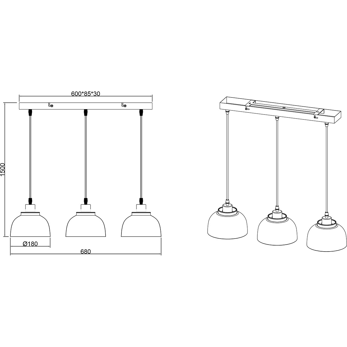 Suspension LED - Luminaire Suspendu - Trion Palmo - Douille E27 - 3-lumières - Rectangle - Mat Noir - Aluminium