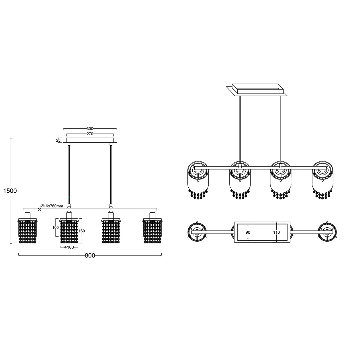 Suspension LED - Luminaire Suspendu - Trion Pocino - Douille E14 - 4-lumières - Rectangle - Mat Chrome - Aluminium