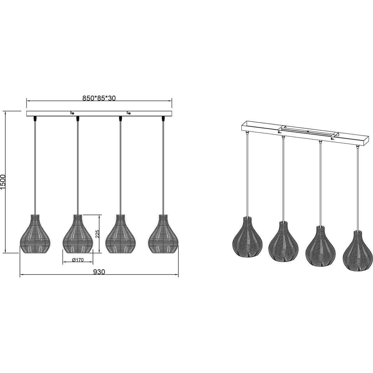 Suspension LED - Luminaire Suspendu - Trion Sparko - Douille E14 - 4-lumières - Rectangle - Brun - Bois