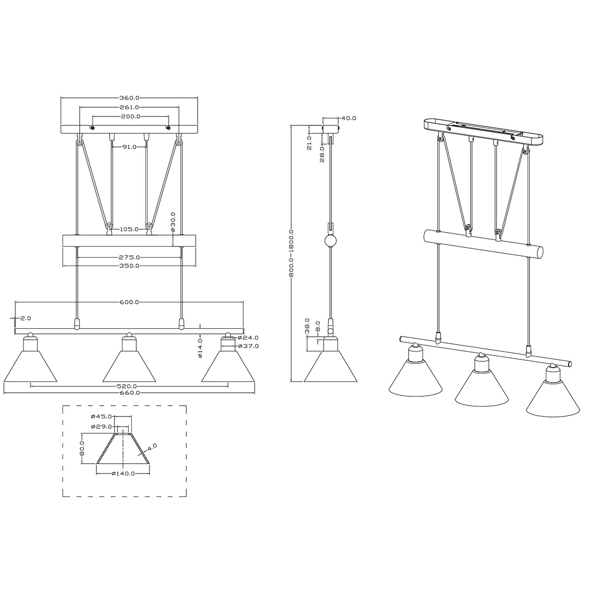 Suspension LED - Luminaire Suspendu - Trion Stomun - Douille E14 - 3-lumières - Rectangle - Mat Nickel - Aluminium