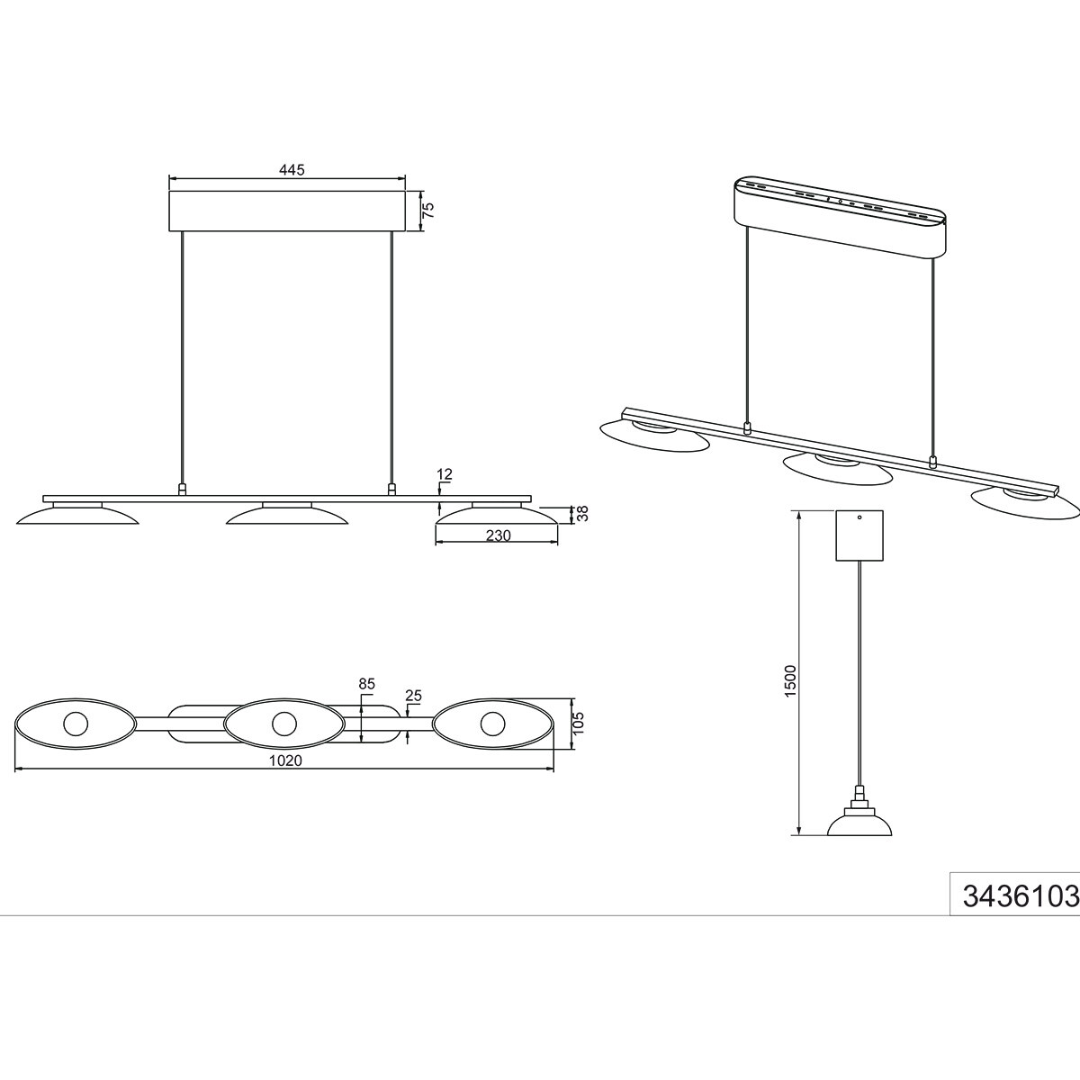 Suspension LED - Éclairage suspendu - Trion Tron - 9W - Blanc Chaud 3000K - 3 lumières - Dimmable - Laiton Mat - Métal