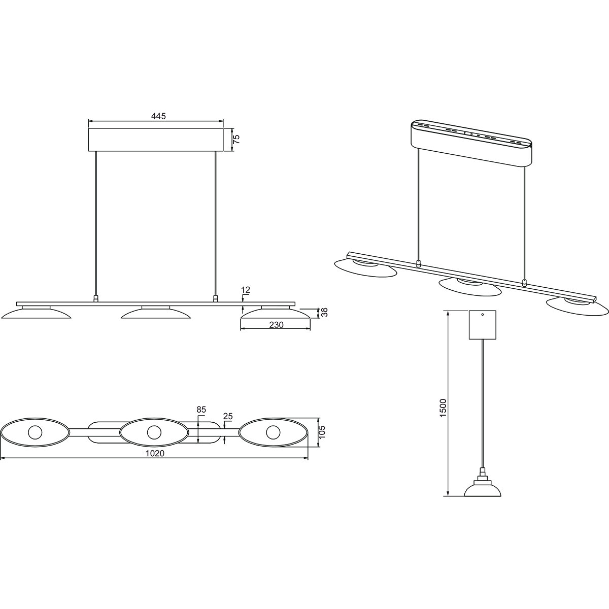 Suspension LED - Éclairage suspendu - Trion Tron - 9W - Blanc Chaud 3000K - 3 lumières - Dimmable - Nickel Mat - Métal