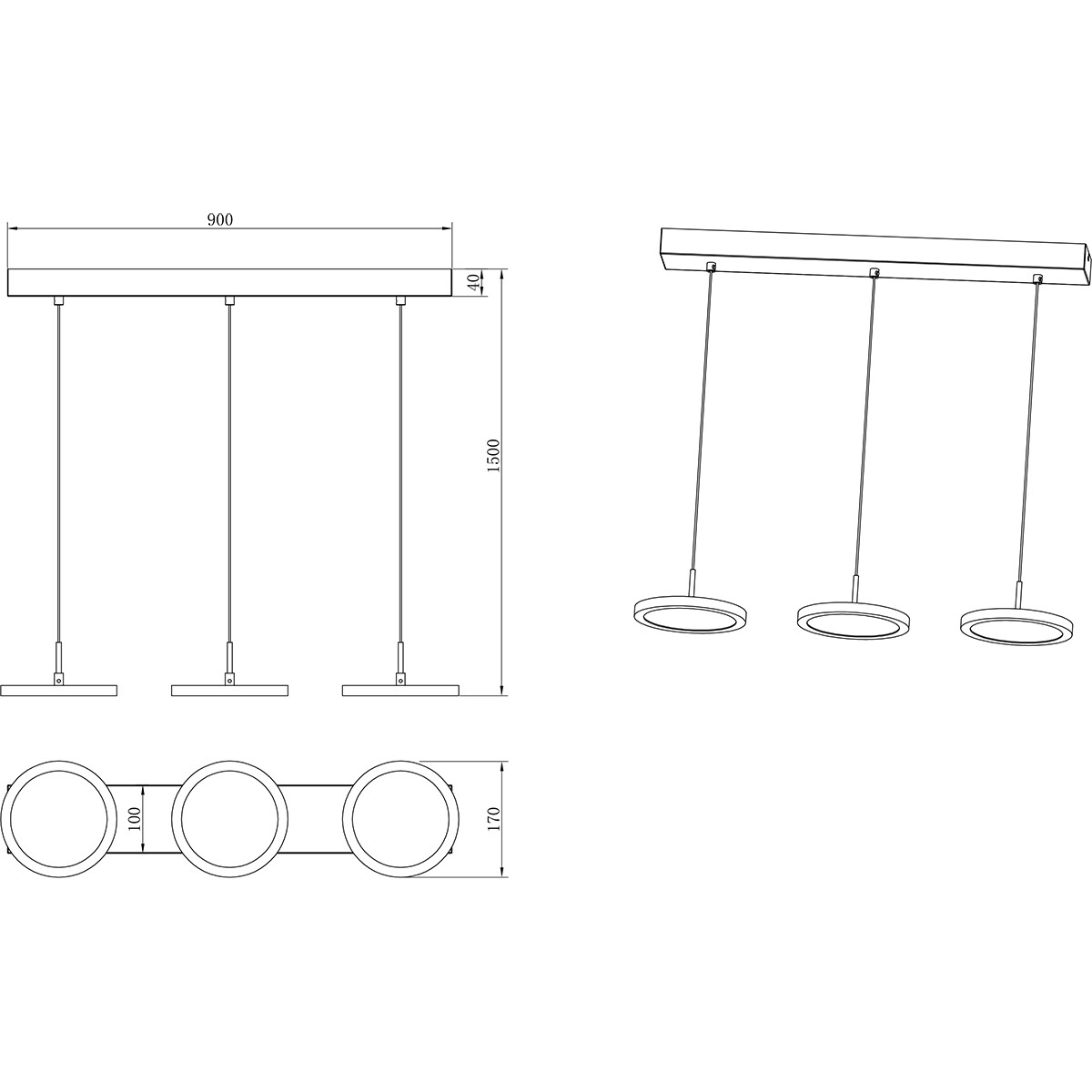 Suspension LED - Luminaire Suspendu - Trion Trula - 30W - 3-lumières - Blanc Neutre 4000K - Dimmable - Rectangle - Mat Blanc - Aluminium