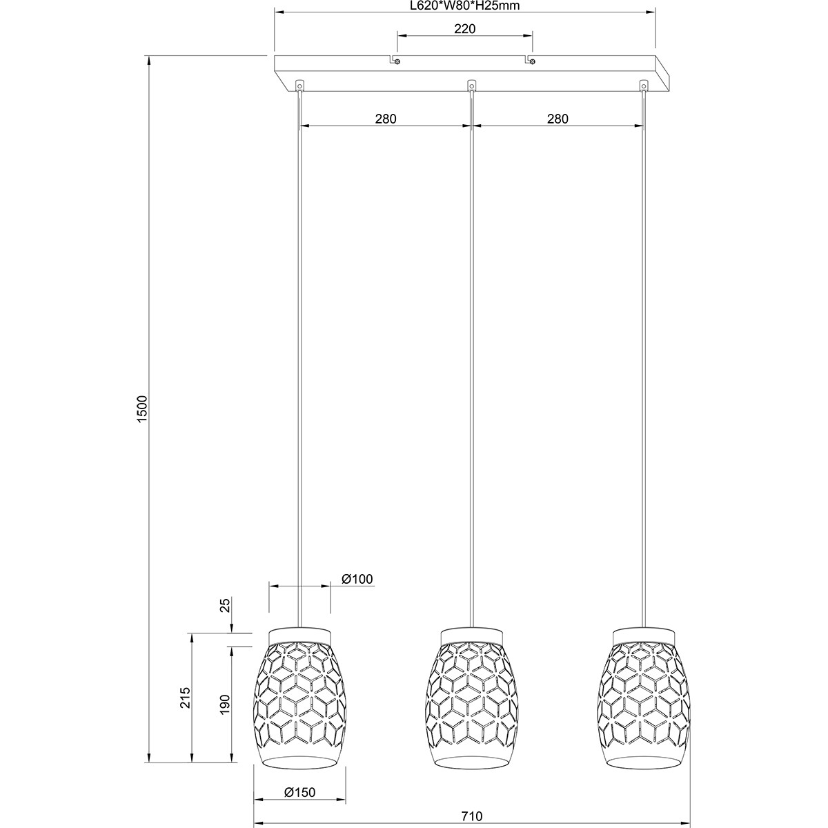 Suspension LED - Trion Dabi - Douille E27 - 3 lumières - Café - Métal