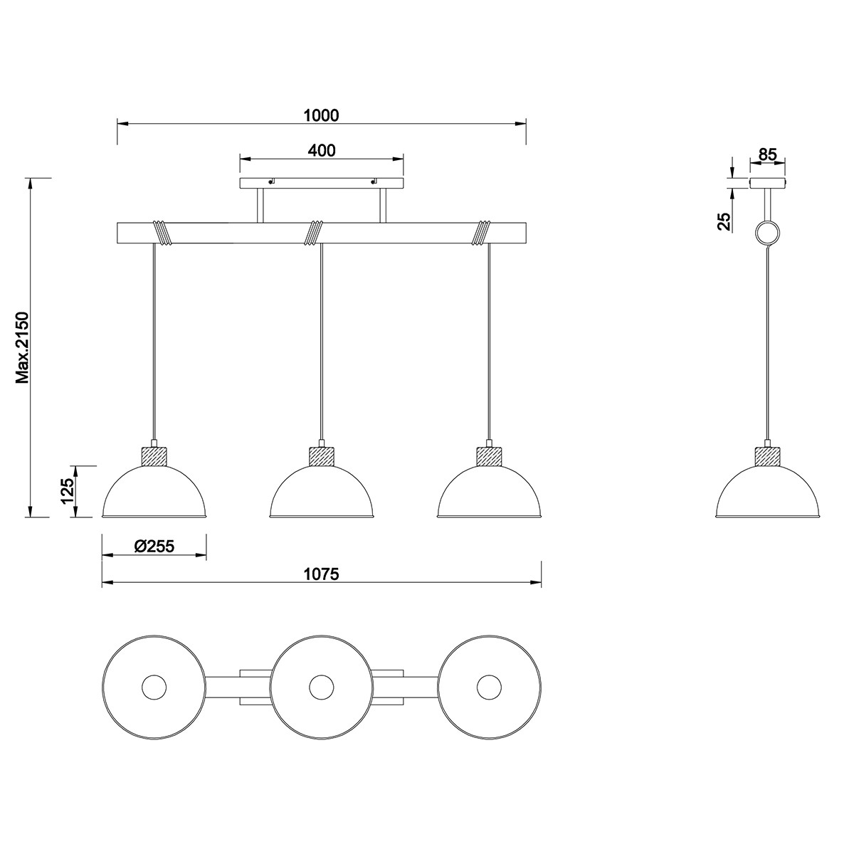 Suspension LED - Trion Delvira - Douille E27 - 3-lumières - Rond - Nickel Antique - Aluminium