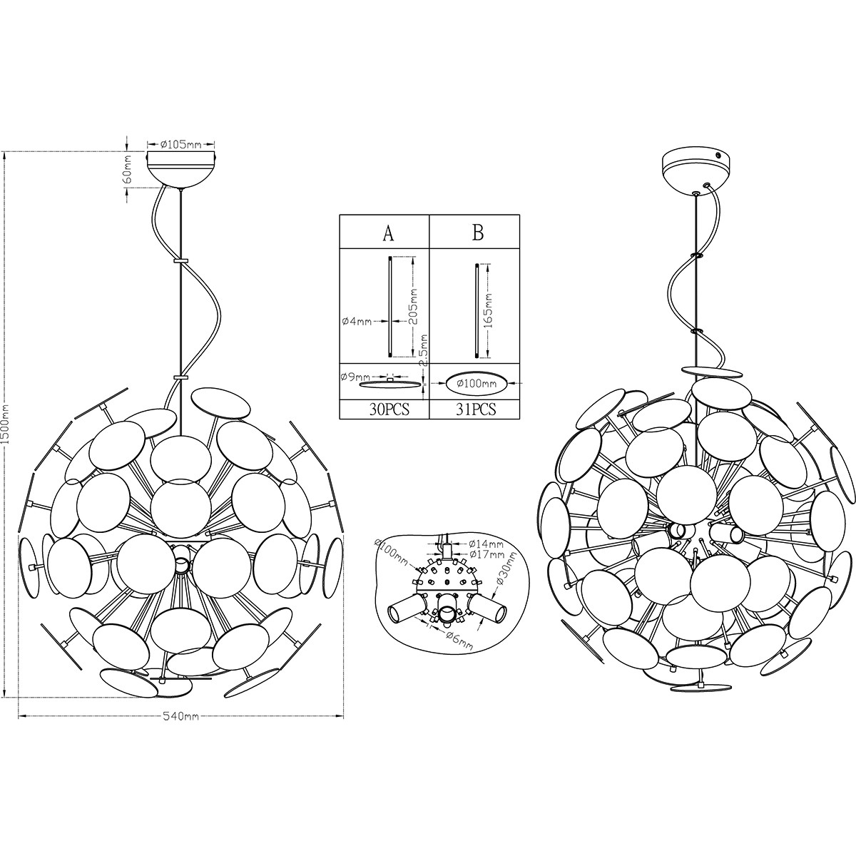 Suspension LED - Trion Discon - Douille E14 - 6-lumières - Rond - Mat Noir - Aluminium