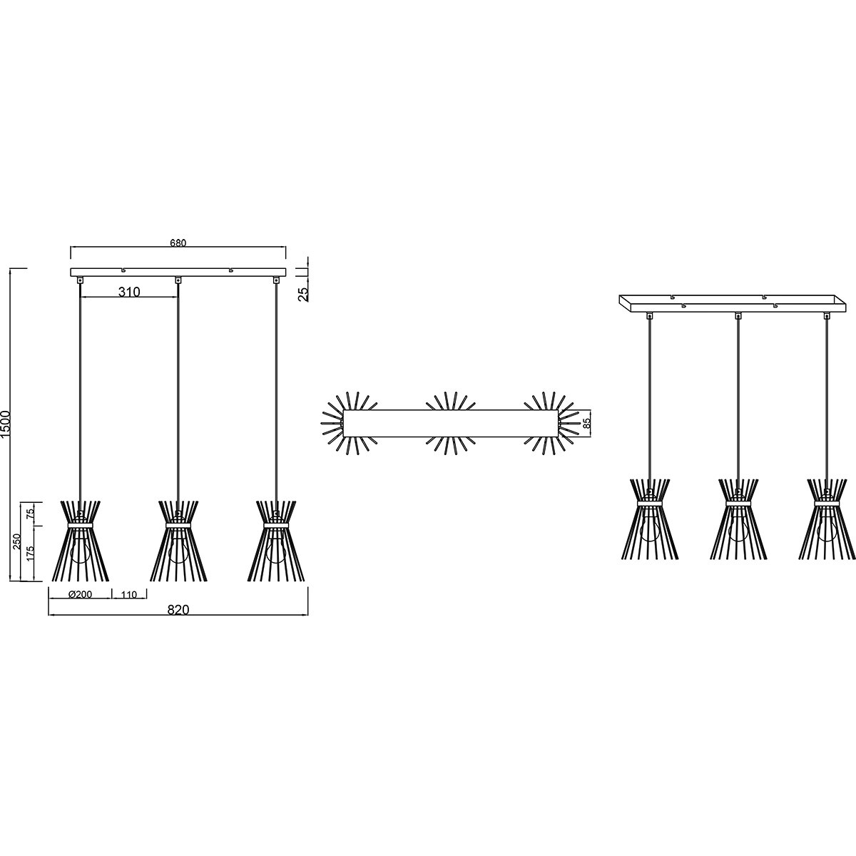 Suspension LED - Trion Drado - Douille E27 - 3 lumières - Rectangulaire - Or Noir - Métal