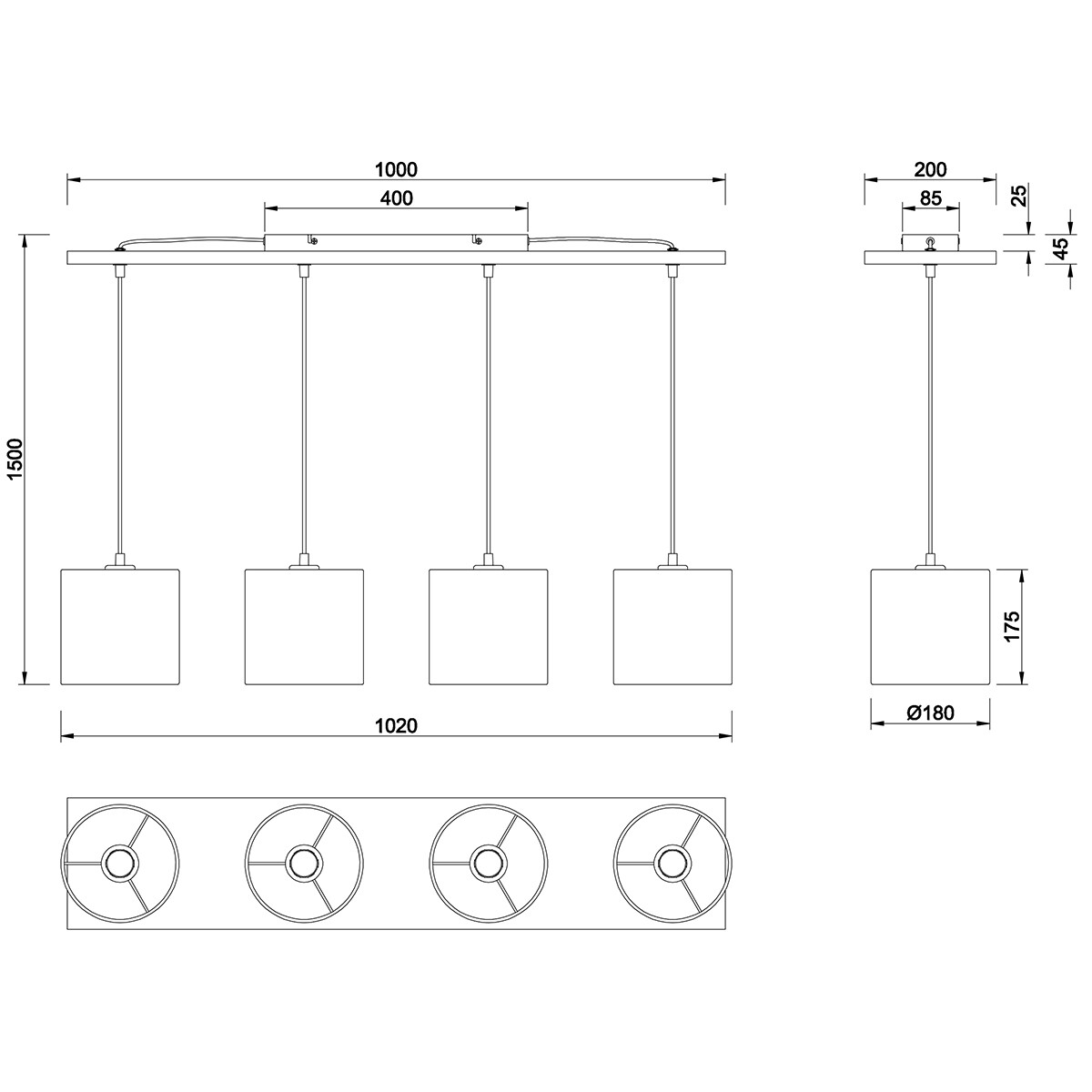 Suspension LED - Trion Elmo - Douille E27 - 4-lumières - Rectangle - Nickel Antique - Aluminium