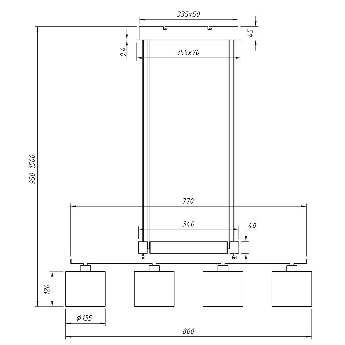 Suspension LED - Trion Gorino - Douille E14 - 4-lumières - Rectangle - Mat Gris - Aluminium