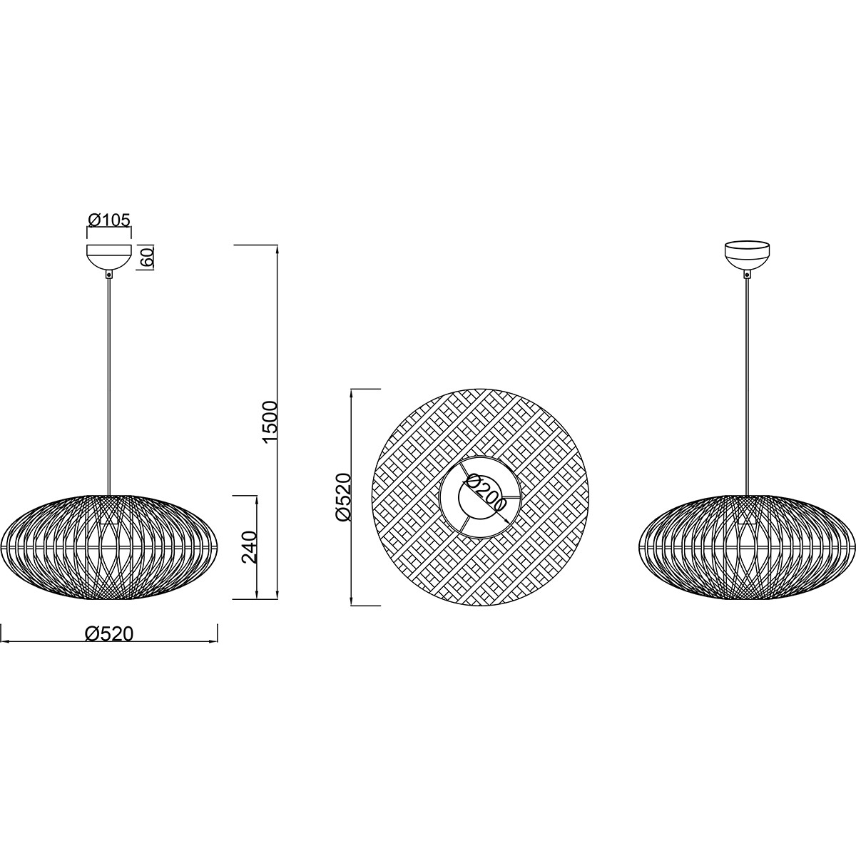 Suspension LED - Trion Hetra - Douille E27 - 1-lumière - Rond - Mat Noir - Aluminium