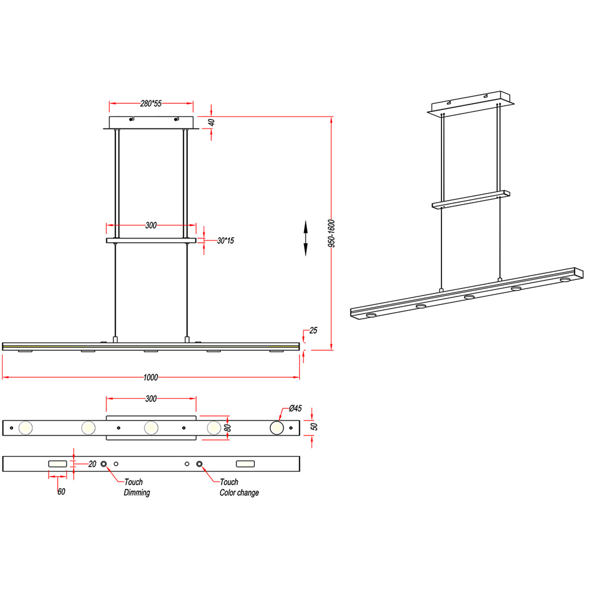 Suspension LED - Trion Lacy - 21W - Couleur de lumière ajustable - 7-lumières - Dimmable - Rectangle - Mat Noir - Aluminium