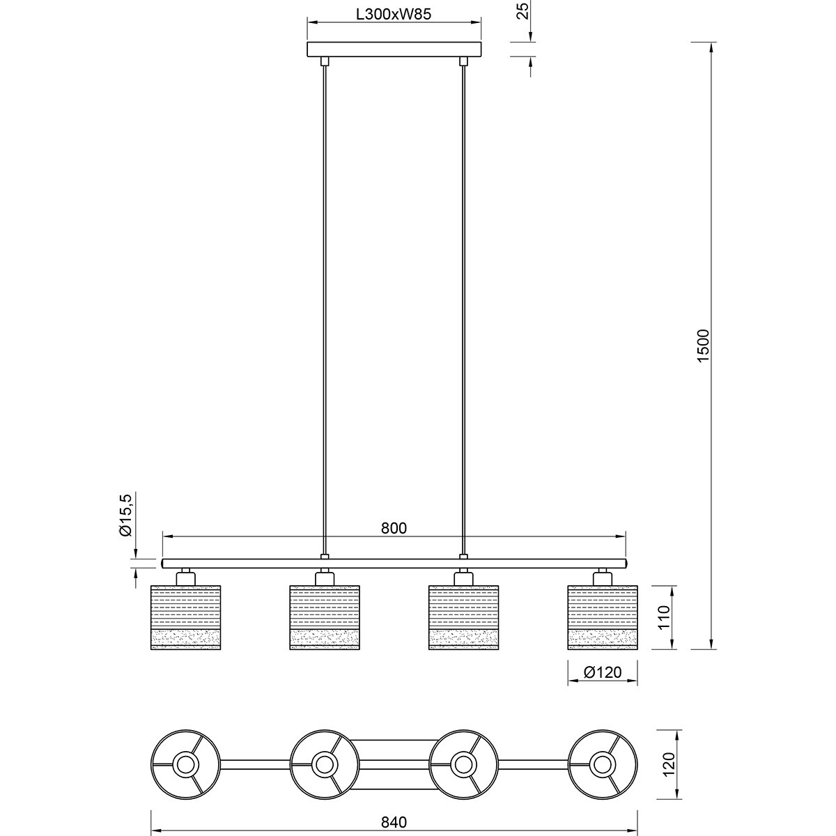 LED Suspension - Trion Lazo - Douille E14 - 4-lumières - Rectangulaire - Noir Mat - Métal