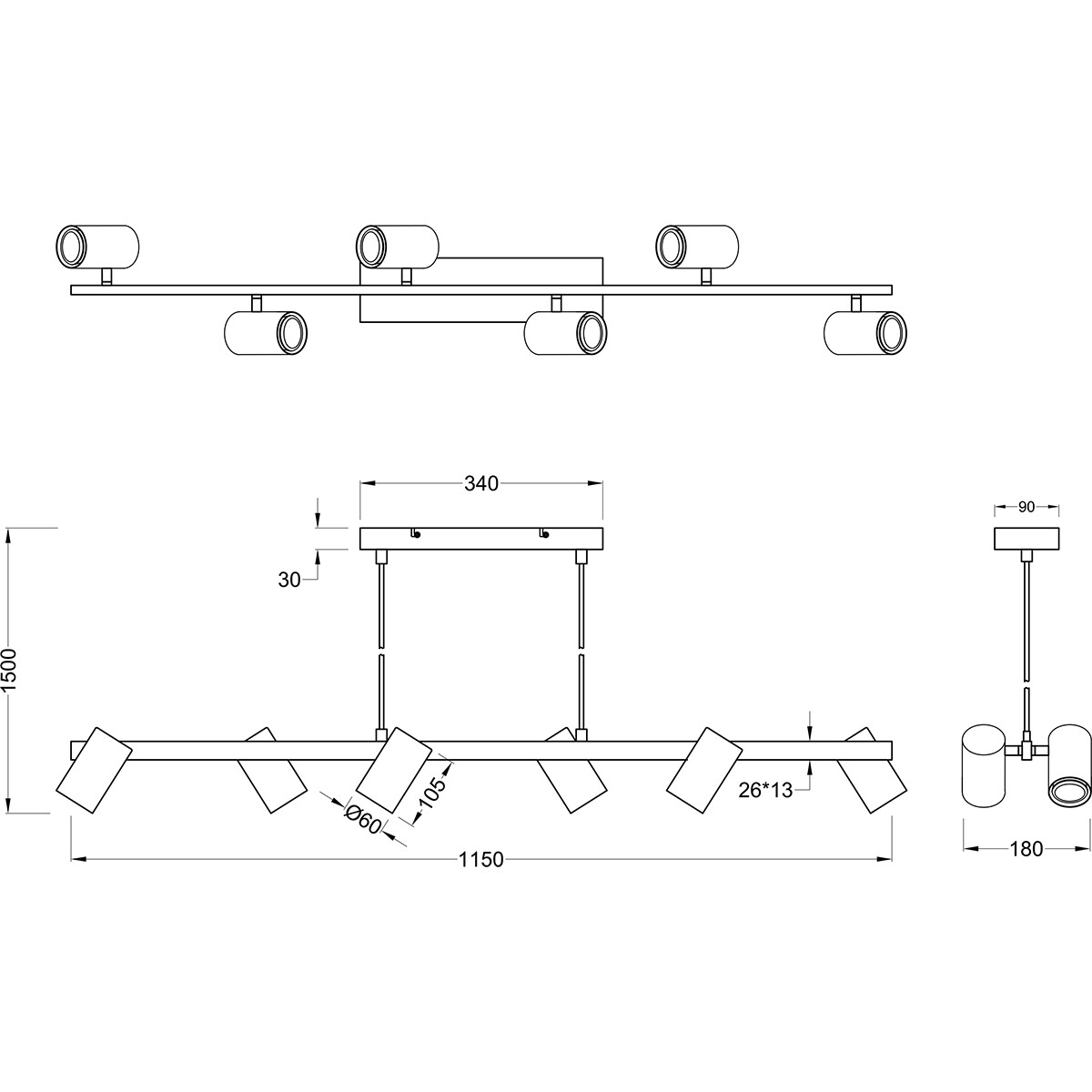 Suspension LED - Trion Milona - Douille GU10 - 6-lumières - Rond - Mat Noir - Aluminium