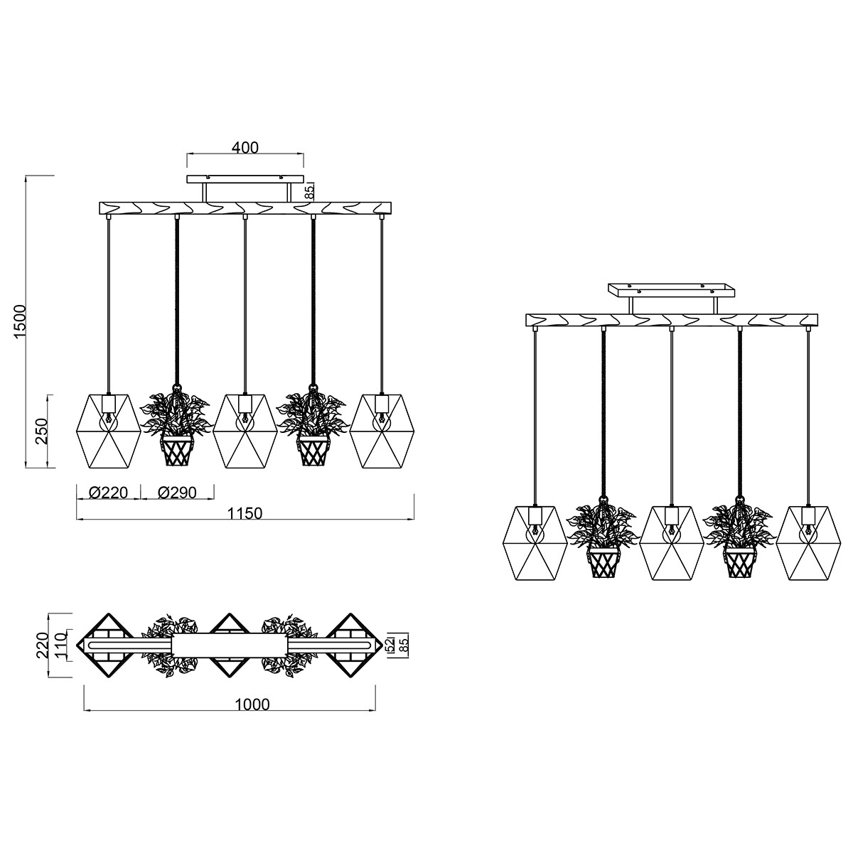 Suspension LED - Trion Plantan - Douille E27 - 3-lumières - Rectangle - Nickel Antique - Aluminium