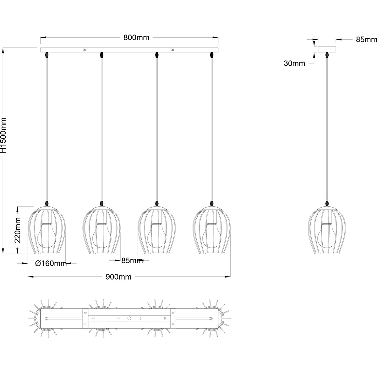 Lampe suspendue LED - Trion Rigo - Douille E27 - 4-lumières - Ronde - Noir mat - Métal