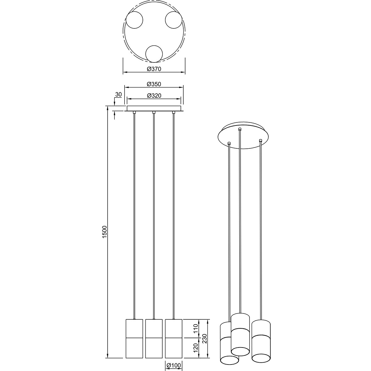 Suspension LED - Trion Roba - Douille E27 - 3-lumières - Rond - Mat Or - Aluminium