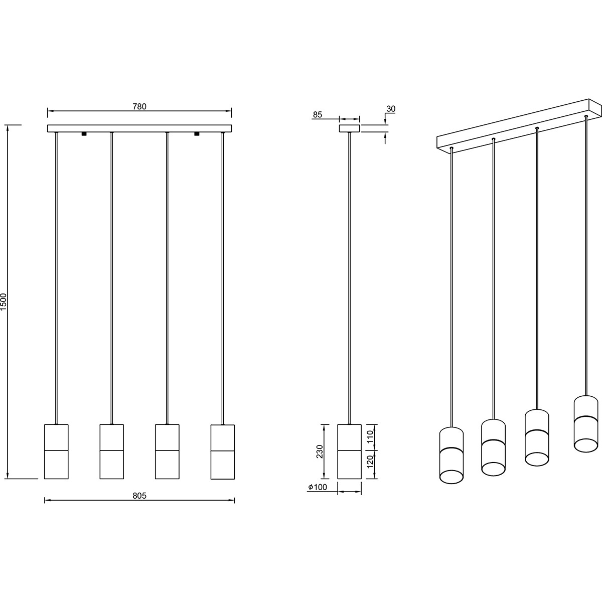 Suspension LED - Trion Roba - Douille E27 - 4-lumières - Rectangle - Mat Or - Aluminium