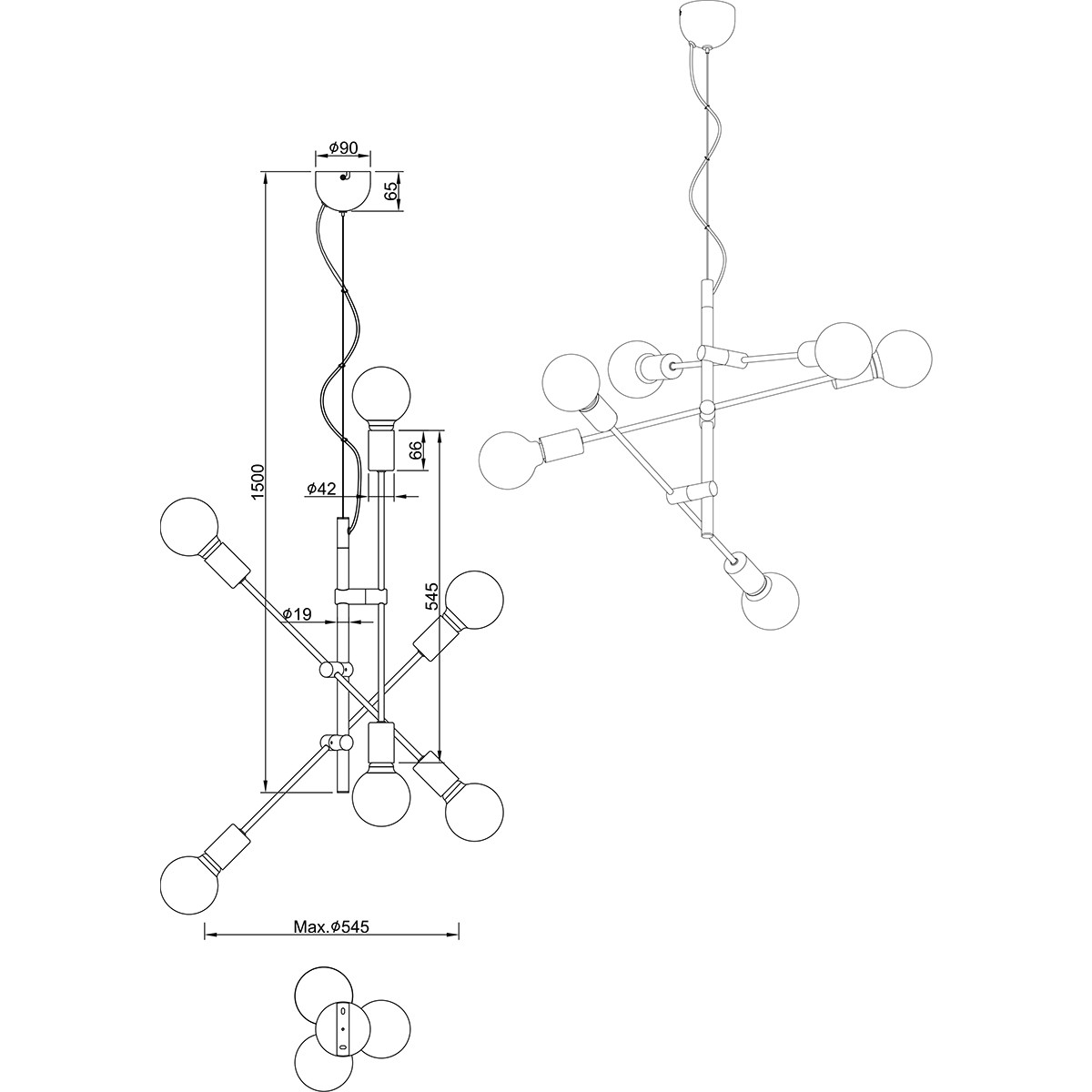 Suspension LED - Trion Ross - Douille E27 - 6-lumières - Rond - Mat Or - Aluminium