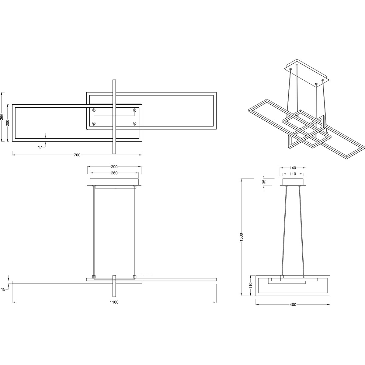 Suspension LED - Trion Salana - 34W - Blanc Chaud 3000K - Dimmable - Rectangle - Mat Nickel - Aluminium