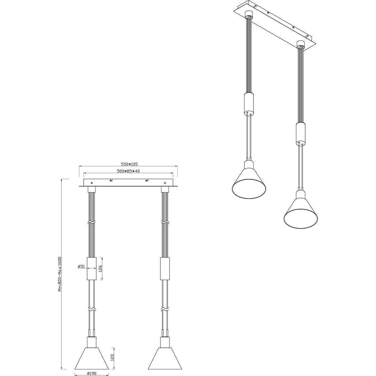 Suspension LED - Trion Stey - Douille E27 - 2 lumières - Ronde - Nickel Mat - Métal - Verre