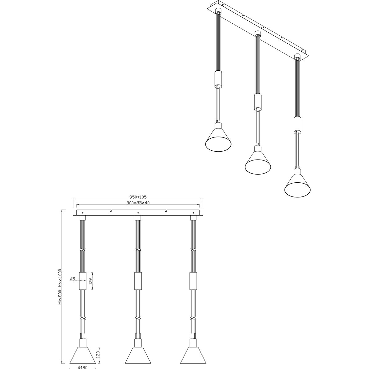 Suspension LED - Trion Stey - Douille E27 - 3 lumières - Ronde - Nickel Mat - Métal - Verre