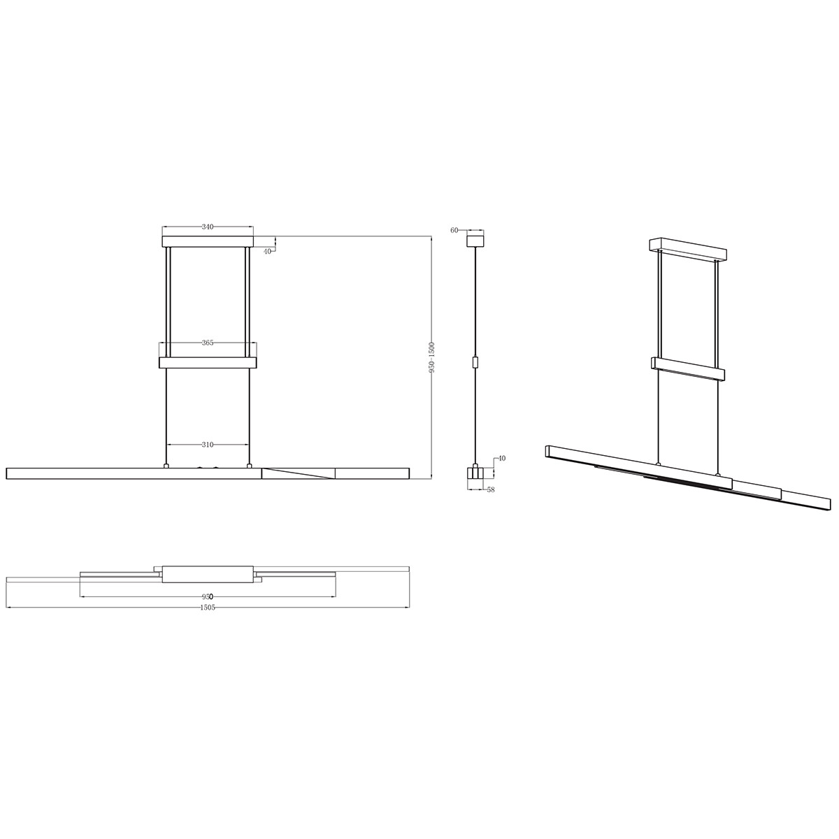 Suspension LED - Trion Trojan Up and Down - 54W - Couleur de lumière ajustable - Rectangle - Mat Noir - Aluminium