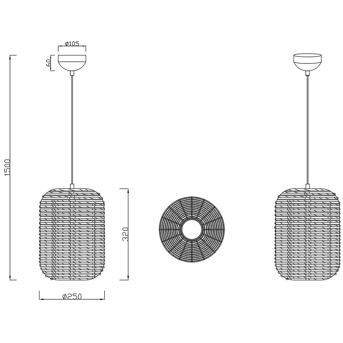 Suspension LED - Trion Tuna - Douille E27 - 1-lumière - Rond - Mat Noir - Aluminium