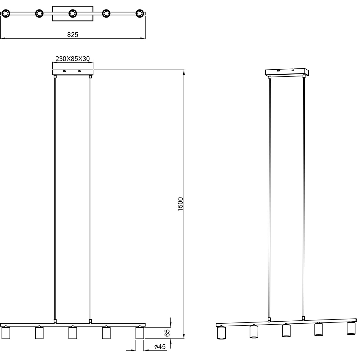 Suspension LED - Trion Zuncka - Douille E27 - 5-lumières - Rectangle - Mat Noir - Aluminium