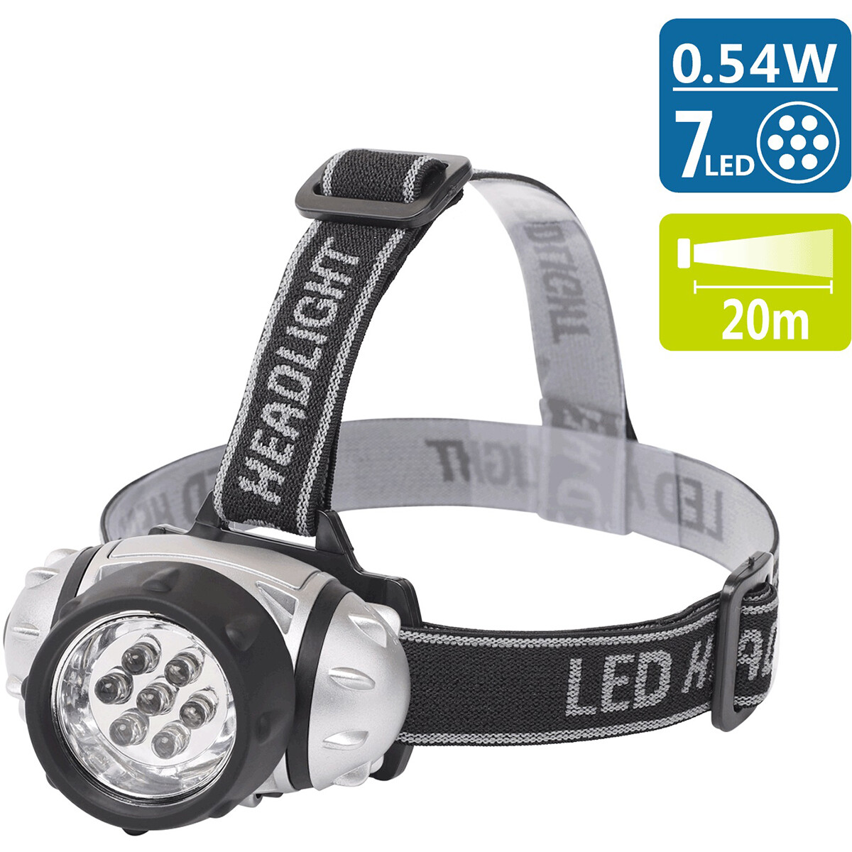 Lampe frontale LED - Aigi Heady - Étanche - 20 Mètres - Inclinable - 7 LED's - 0.54W - Argent | Remplace 6W