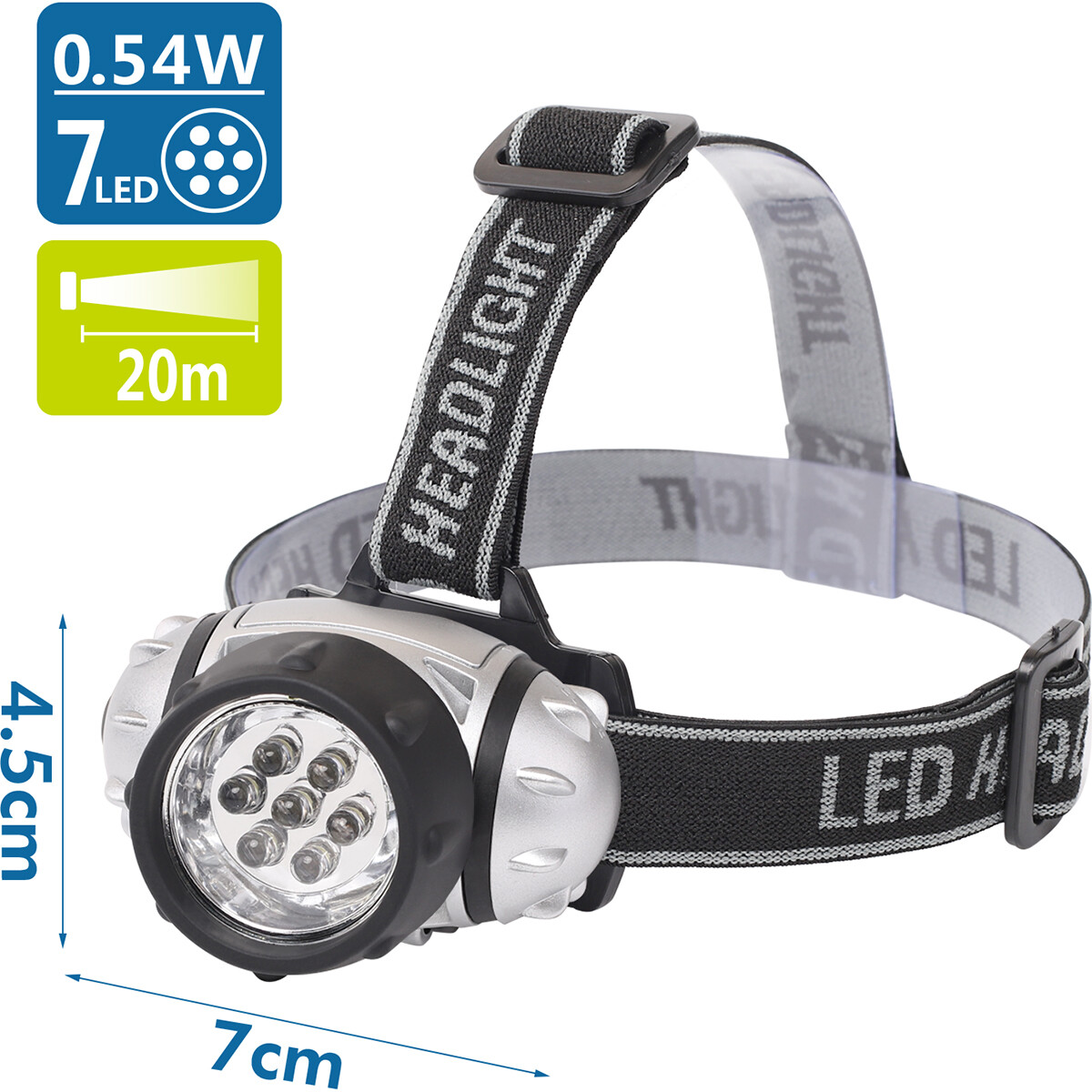 Lampe frontale LED - Aigi Heady - Étanche - 20 Mètres - Inclinable - 7 LED's - 0.54W - Argent | Remplace 6W