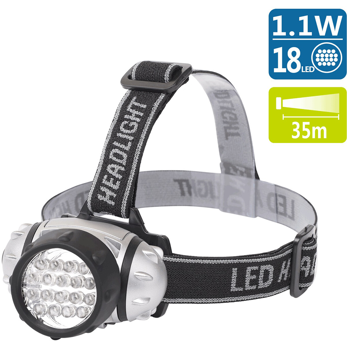 Lampe frontale LED - Aigi Heady - Étanche - 35 Mètres - Inclinable - 18 LED's - 1.1W - Argent | Remplace 9W