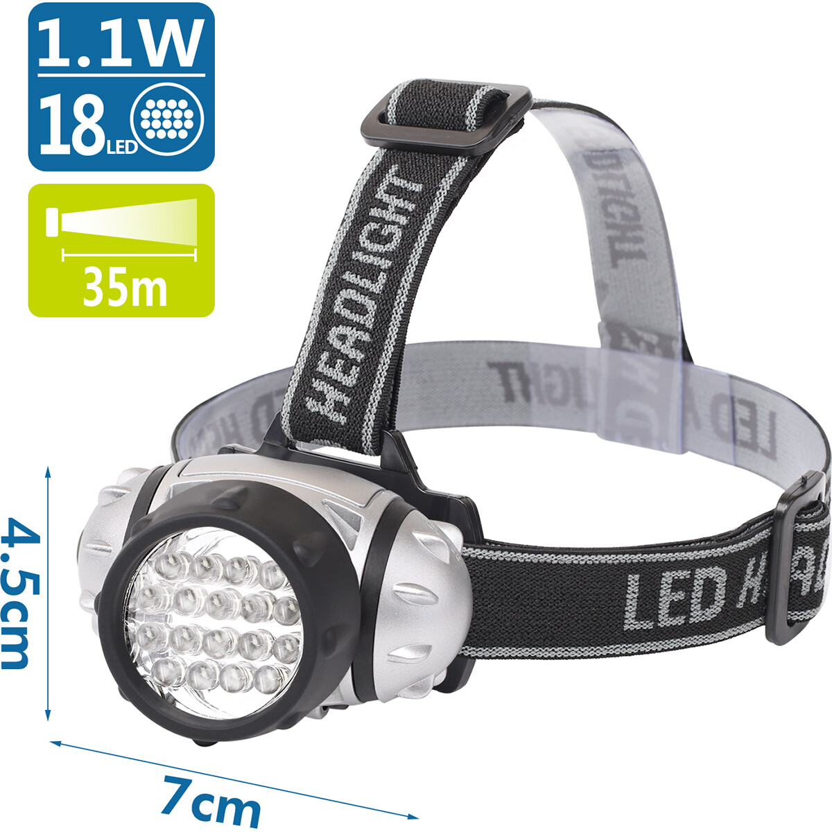 Lampe frontale LED - Aigi Heady - Étanche - 35 Mètres - Inclinable - 18 LED's - 1.1W - Argent | Remplace 9W