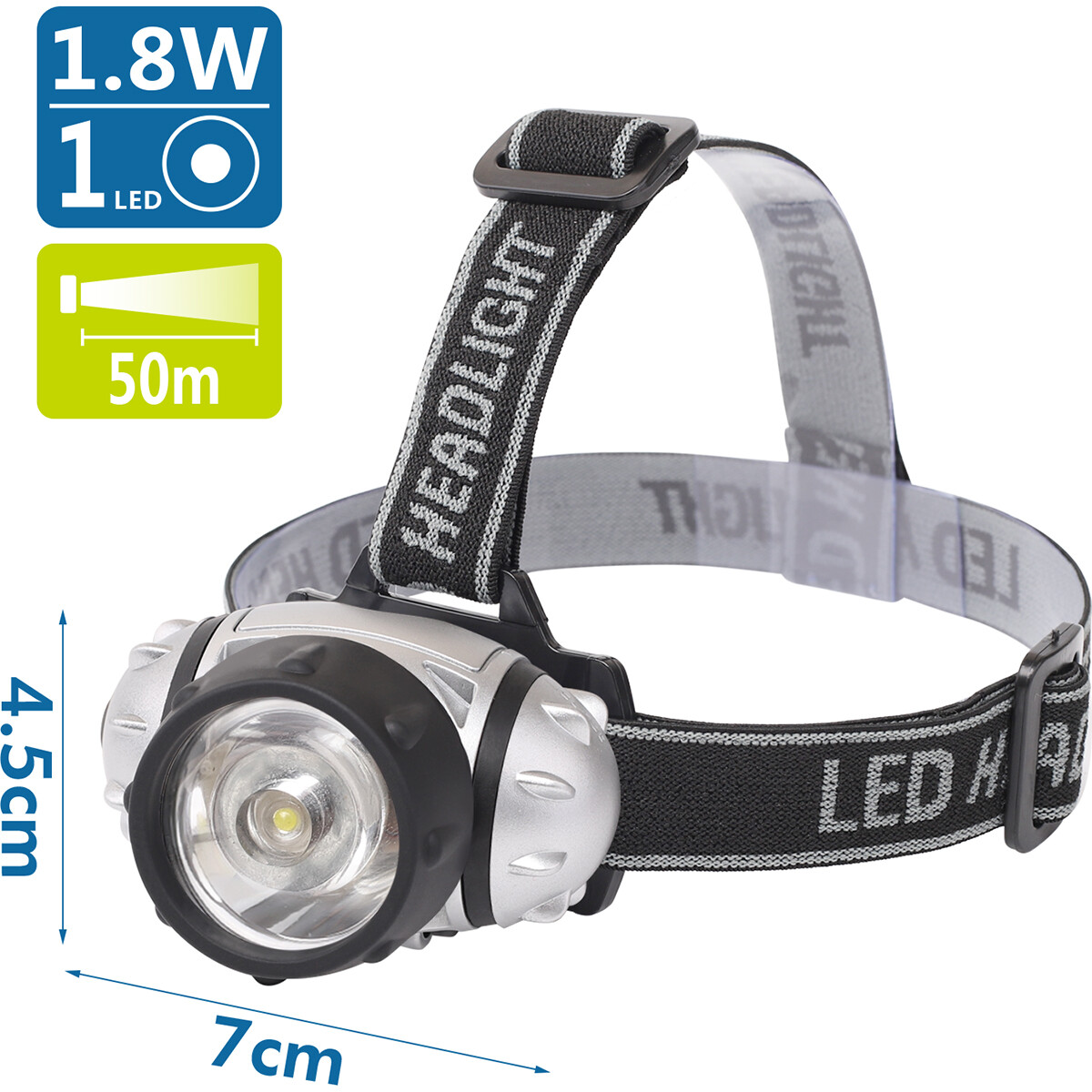 Lampe frontale LED - Aigi Hitro - Étanche - 50 Mètres - Inclinable - 1 LED - 1.8W - Argent | Remplace 13W