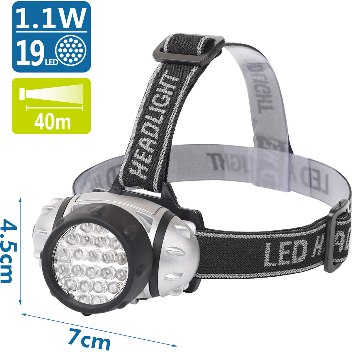 Lampe frontale LED - Aigi Slico - Étanche - 40 Mètres - Inclinable - 19 LED's - 1.1W - Argent | Remplace 9W