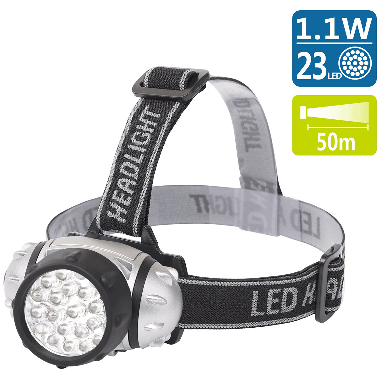 Lampe frontale LED - Aigi Slico - Étanche - 50 Mètres - Inclinable - 23 LED's - 1.1W - Argent | Remplace 9W