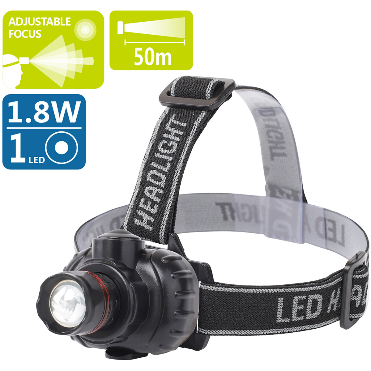 Lampe frontale LED - Aigi Xixo - Étanche - 50 Mètres - Inclinable - 1 LED - 1.8W - Noir | Remplace 12W