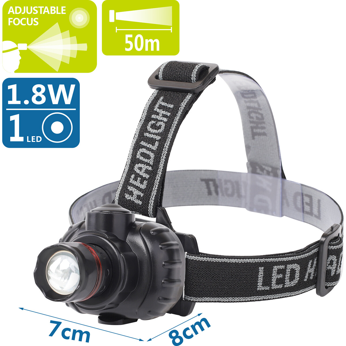 Lampe frontale LED - Aigi Xixo - Étanche - 50 Mètres - Inclinable - 1 LED - 1.8W - Noir | Remplace 12W