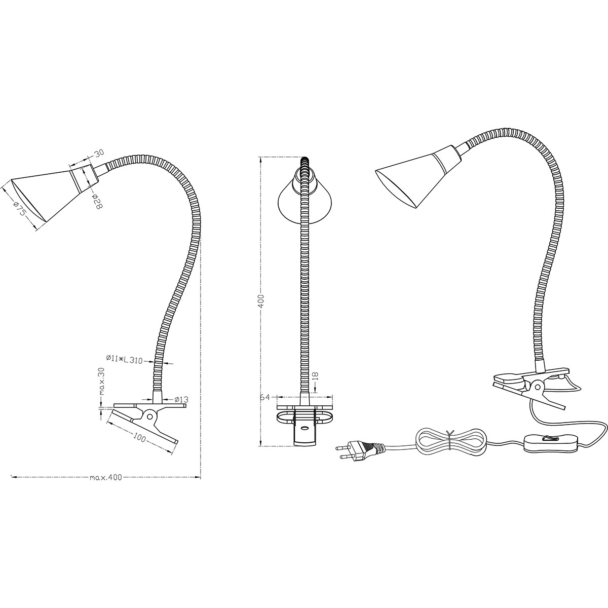 Lampe à Pince LED - Trion Preta - 3W - Blanc Chaud 3100K - Mat Nickel - Plastique