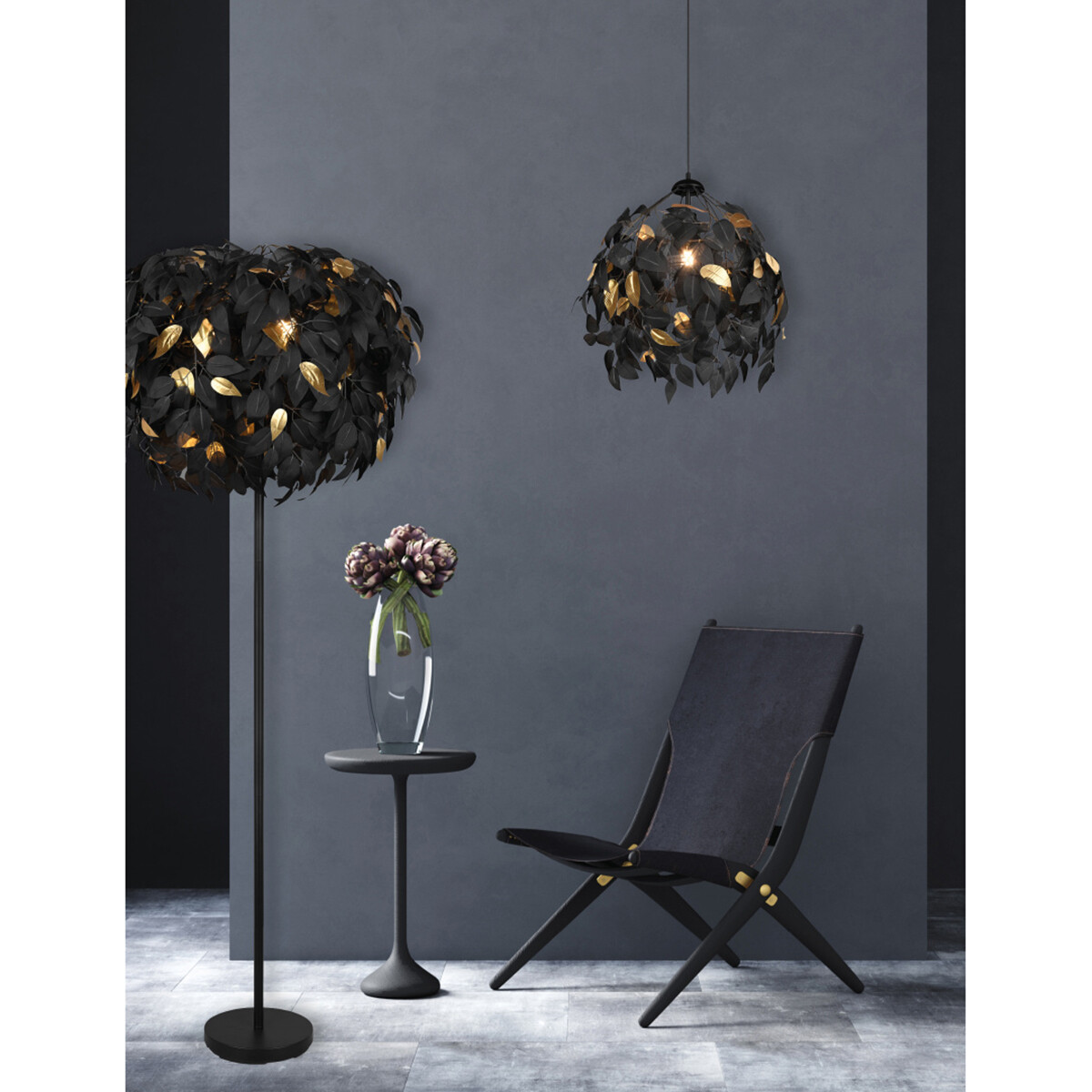 Lustre et suspension LED - Trion Lovy - Douille E27 - 1-lumière - Rond - Mat Noir/Or - Aluminium