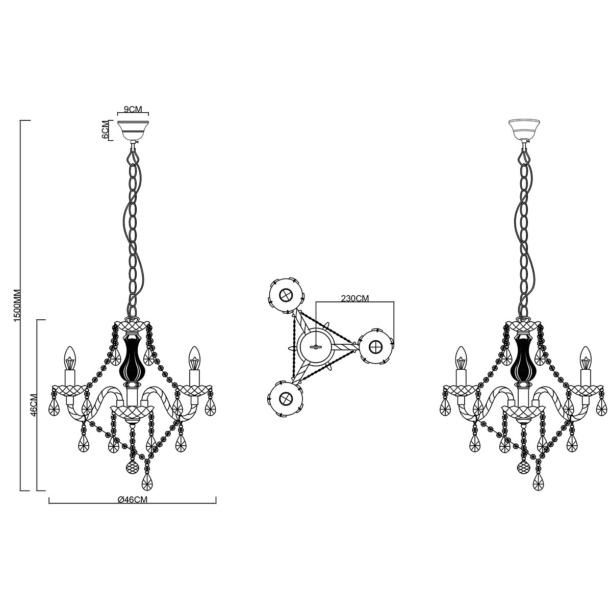 Lustre et suspension LED - Trion Lucy - Douille E14 - 3-lumières - Rond - Mat Noir - Aluminium