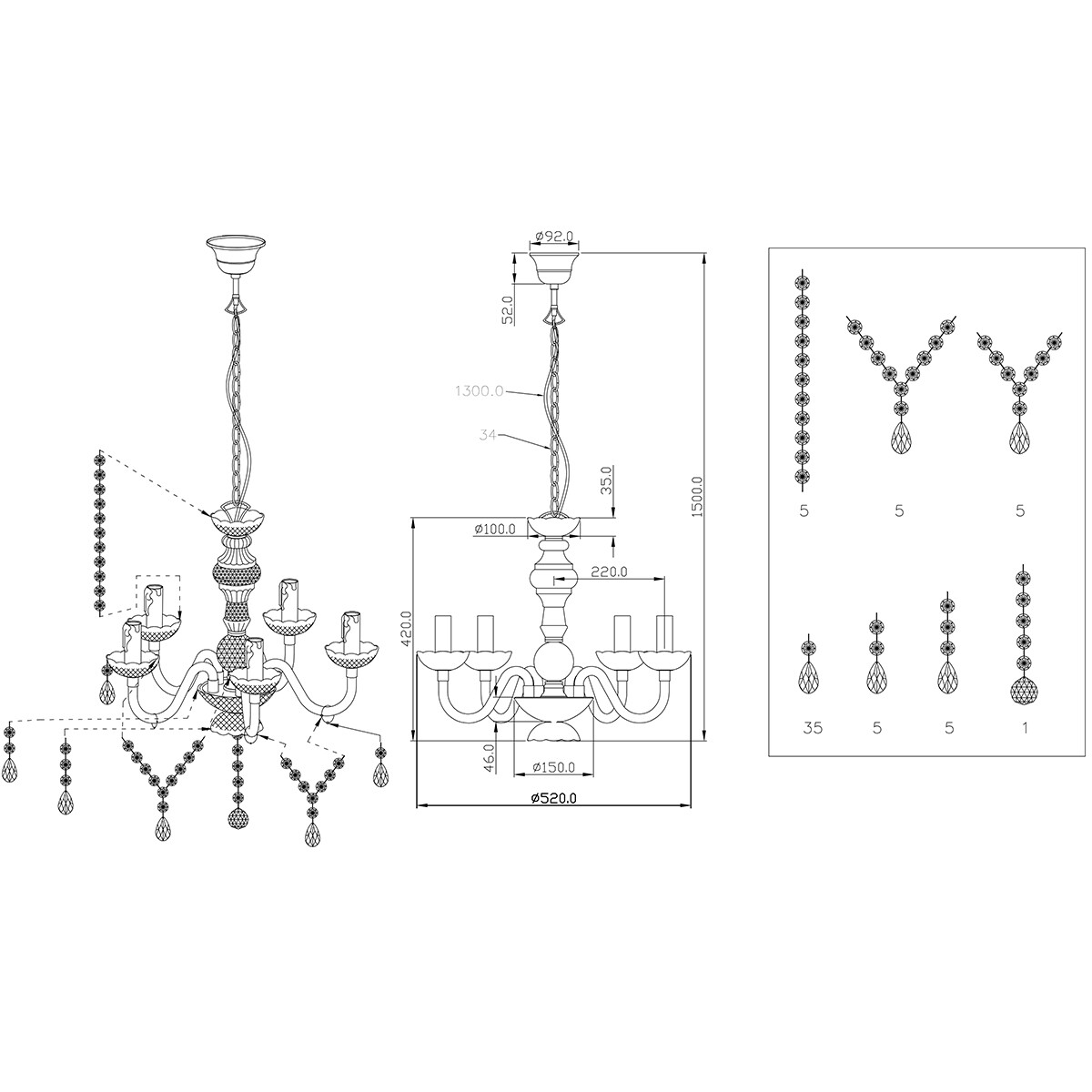 Lustre et suspension LED - Trion Lucy - Douille E14 - 5-lumières - Rond - Transparent - Aluminium