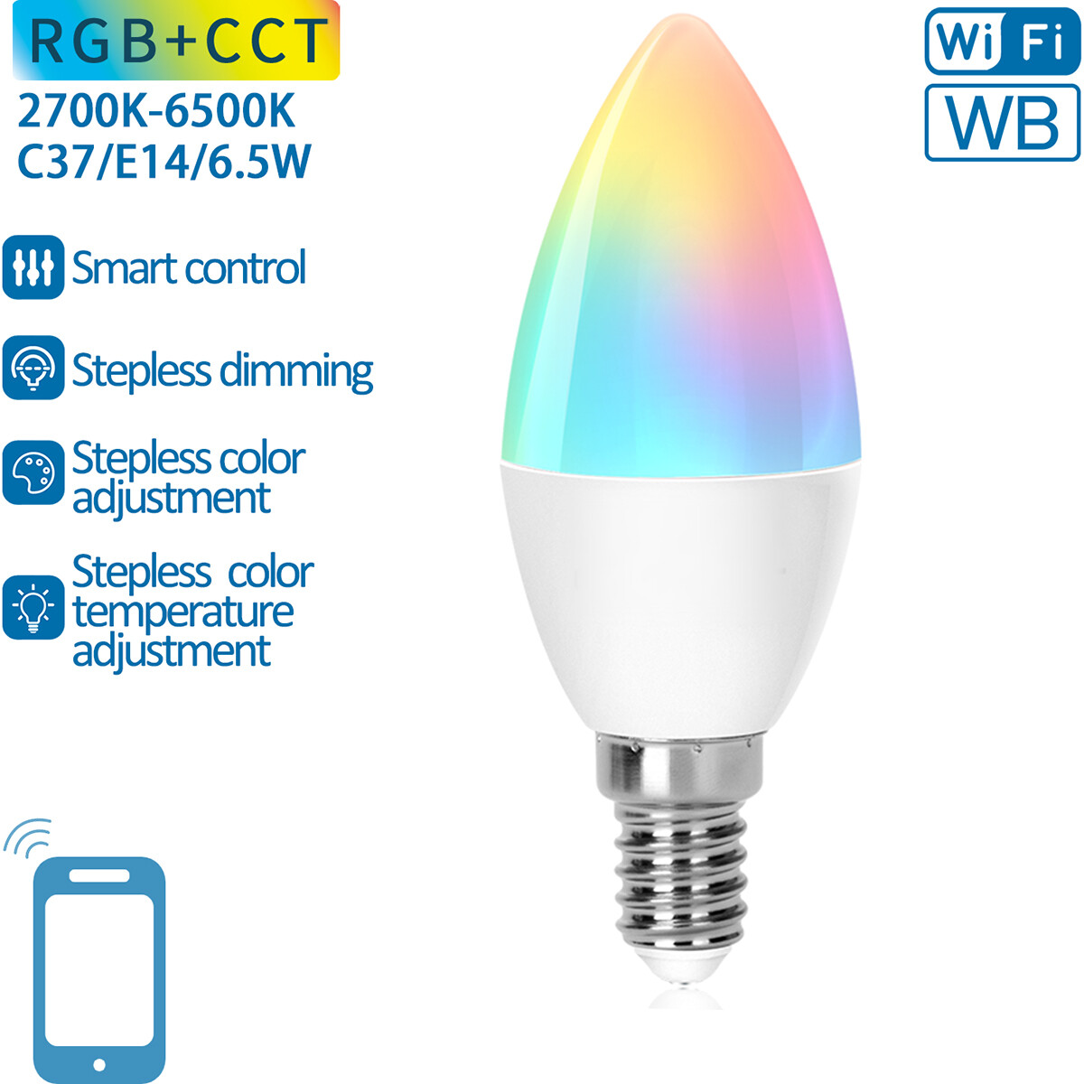 Lampe LED - LED Intelligente - Aigi Lexus - Bulb C37 - 6.5W - Douille E14 - LED Wifi + Bluetooth - RGB + Couleur de lumière ajustable - Mat Blanc - Plastique