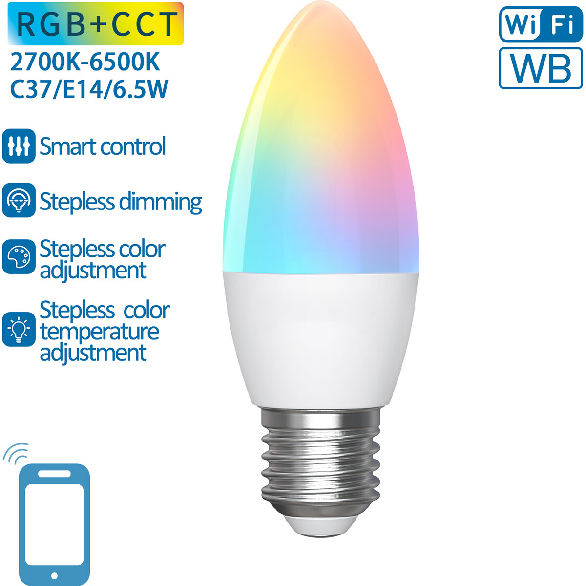 Lampe LED - LED Intelligente - Aigi Loney - Bulb C37 - 6.5W - Douille E27 - LED Wifi - RGB + Couleur de lumière ajustable - Mat Blanc - Plastique