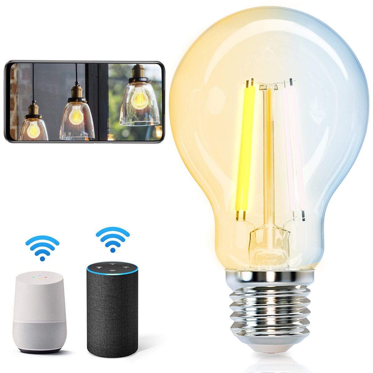 Lampe LED - LED Intelligente - Aigi Rixona - Bulb A60 - 6W - Douille E27 - LED Wifi + Bluetooth - Couleur de lumière ajustable - Transparent Clair - Verre