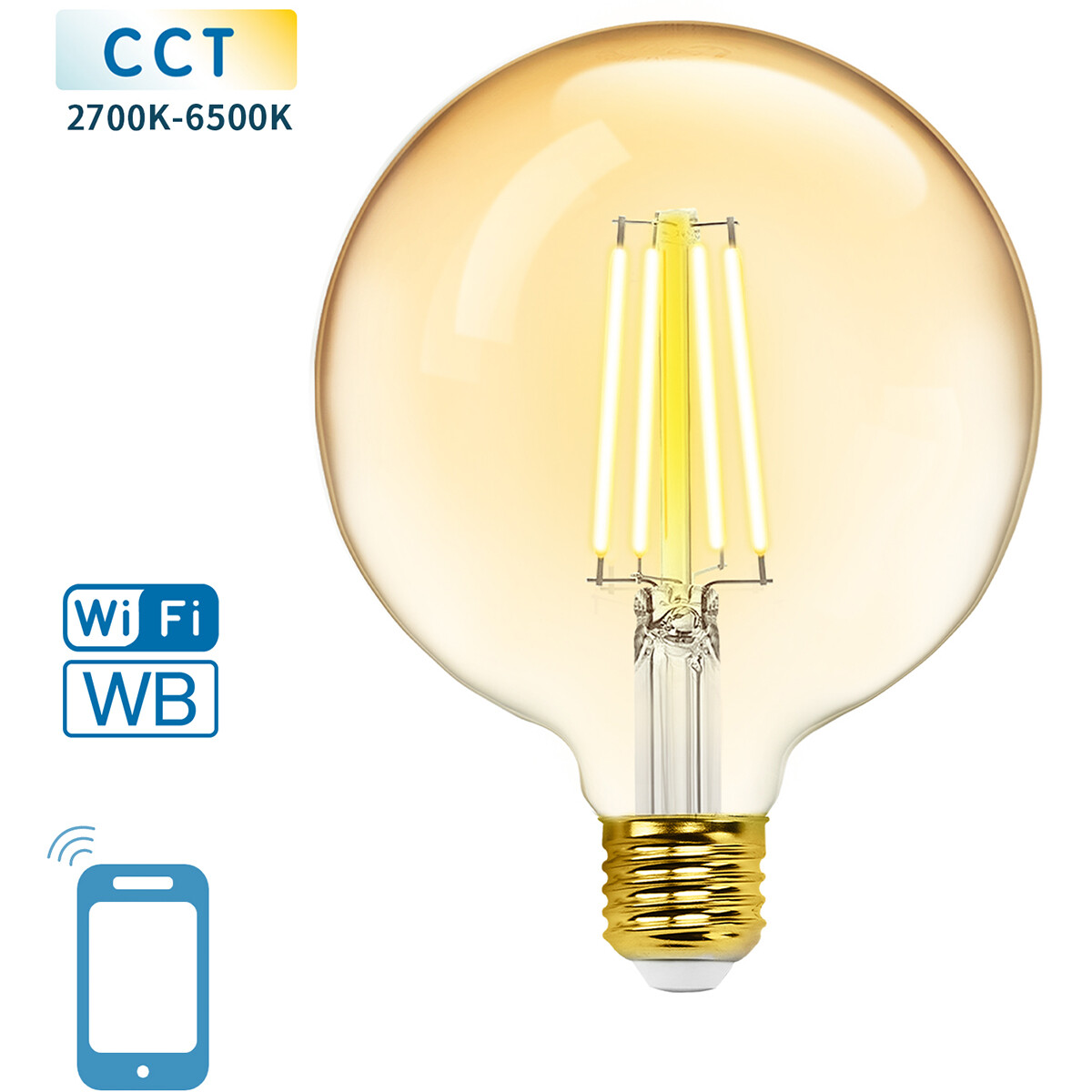 Lampe LED - LED Intelligente - Aigi Rixona - Bulb G125 - 6W - Douille E27 - LED Wifi + Bluetooth - Couleur de lumière ajustable - Ambre - Verre